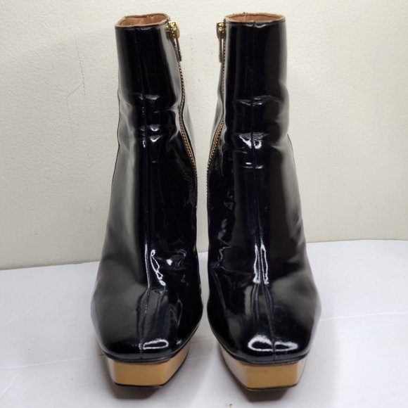 Calvin Klein Bernadet Platform Black Gold Patent Leather Boots Retro 70's sz 9 - Picture 2 of 10